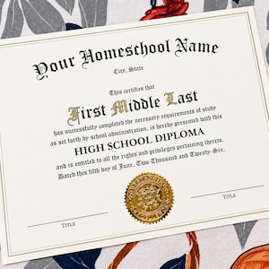 Personalized Homeschool Diploma | Custom High School Graduation Certificate | Gold Foil Seal