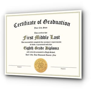 Pre-K to 8th Grade Homeschool Diploma – Custom Graduation Certificate – Printed with Gold Foil Seal – Personalized Keepsake