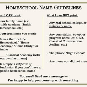 May include: A white informational sign titled Homeschool Name Guidelines. It lists what can be printed, including family names and custom titles, and what cannot be printed, such as real school names, curriculum names, or the phrase High School.