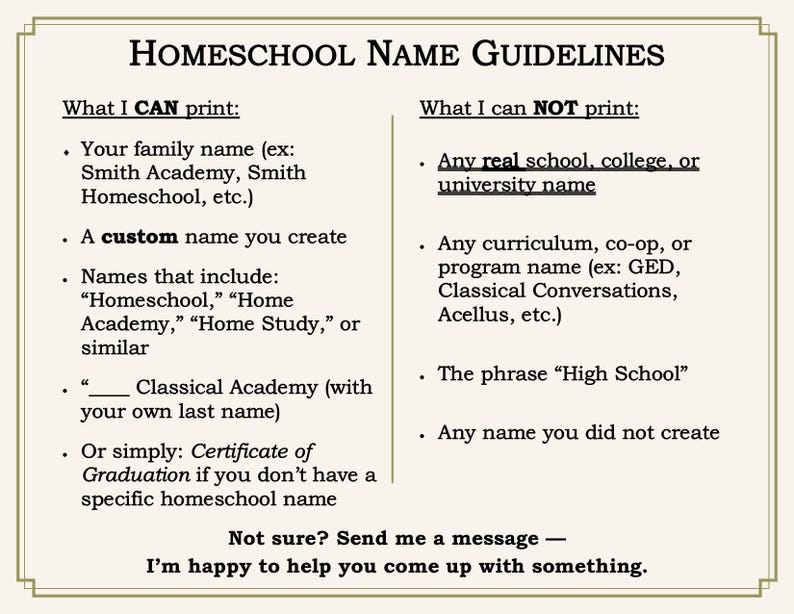 May include: A white informational sign titled Homeschool Name Guidelines. It lists what can be printed, including family names and custom titles, and what cannot be printed, such as real school names, curriculum names, or the phrase High School.