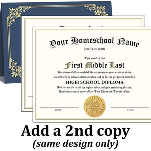 May include: A high school diploma certificate featuring black text on a cream background with a gold seal. The text reads Your Homeschool Name, Your City, State, First Middle Last, HIGH SCHOOL DIPLOMA, and Dated this fourth day of May, Two Thousand Twenty-Five.