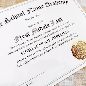 May include: A high school diploma with ornate text, including "Your School Name Academy" and "High School Diploma." The document has a gold seal and is dated April 18, Two Thousand Twenty-Four.