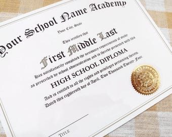 Homeschool Diploma 1 Signature Line | Personalized High School Graduation Certificate with Gold Seal