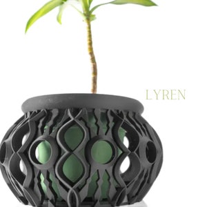 May include: A black, decorative plant pot with an open, geometric design. The pot holds a green plant and is set against a white background. The word "LYREN" is printed in green on the right side of the image.