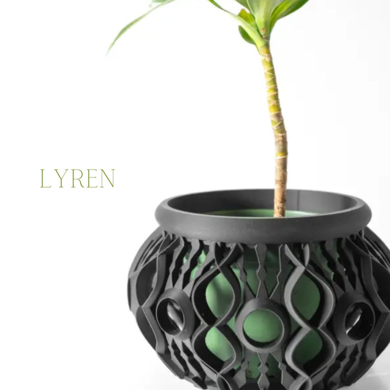 May include: A black decorative plant pot with a unique openwork design, holding a green plant. The pot has a rounded shape and a contrasting green interior. The word "LYREN" is printed in green.