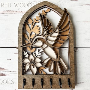 Hummingbird Key Holder, Wooden Organizer with Hooks, Housewarming Gift