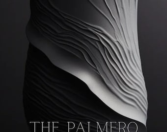 May include: A black and gray vase with a textured, wave-like design. The vase has a unique shape and the text "THE PALMERO VASE" is displayed at the bottom. The vase is likely made of ceramic or a similar material.