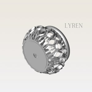May include: A silver-colored, decorative object with a circular base and a detailed, openwork design. The object has a series of interconnected, leaf-like shapes and circular openings. The word "LYREN" is printed in a simple font on the right side.