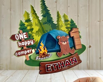 One Happy Camper Cake Topper, Personalized Boy Happy Camper Birthday Party Decoration, 1st Birthday Boy Party Theme, Camping Cupcake Topper