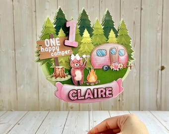 One Happy Camper Cake Topper, Personalized Party Decoration for First Birthday for Girl, 1st Birthday Party Theme, Camping Cupcake Topper