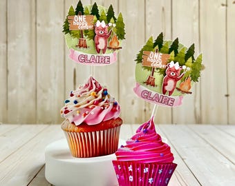 One Happy Camper Cupcake Topper, Personalized Party Decoration for First Birthday for Girl, 1st Birthday Party Theme, Camping Cupcake Topper