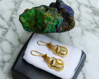 Gold Scarab Earrings, Egyptian Jewelry with Mother of Pearl
