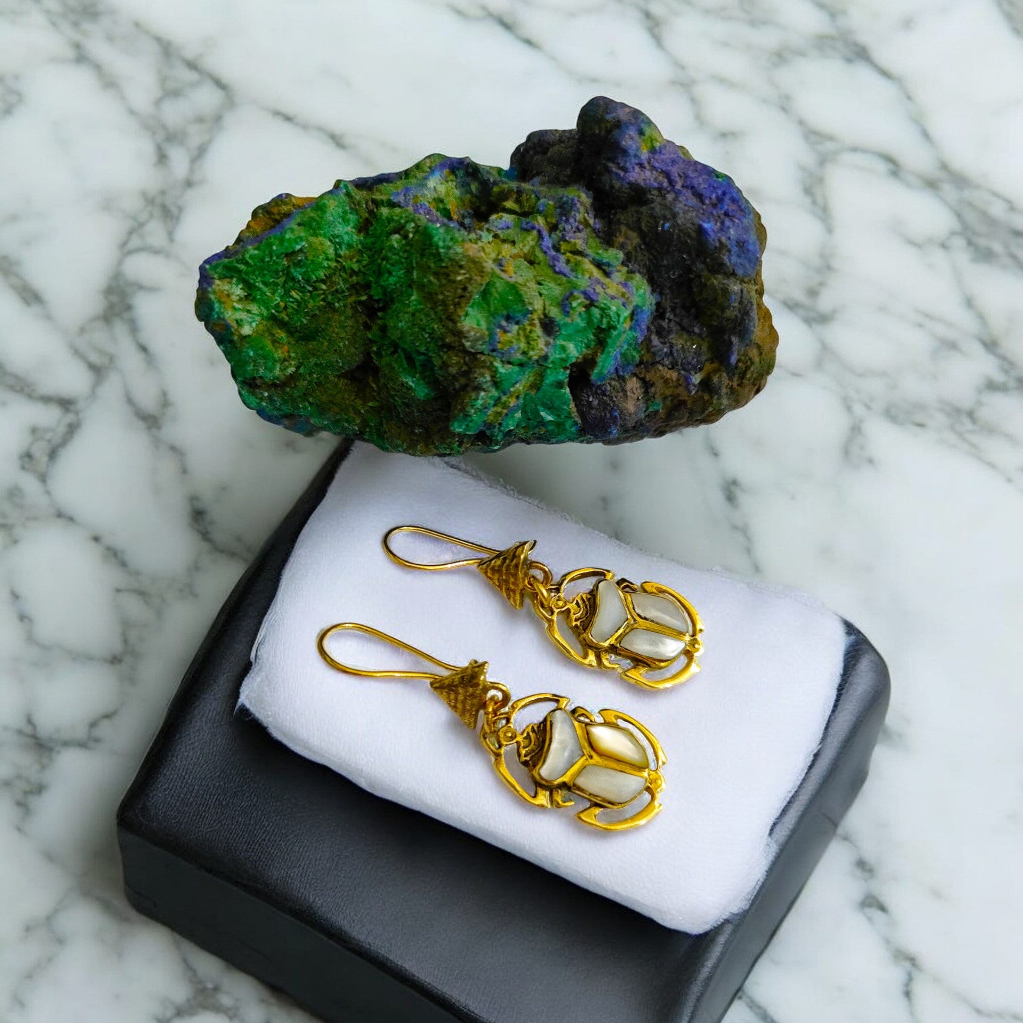 Gold Scarab Earrings, Egyptian Jewelry with Mother of Pearl