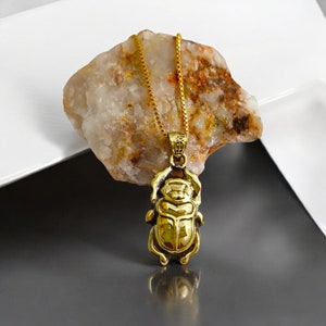Gold Scarab Necklace, Egyptian Beetle Talisman Pendant