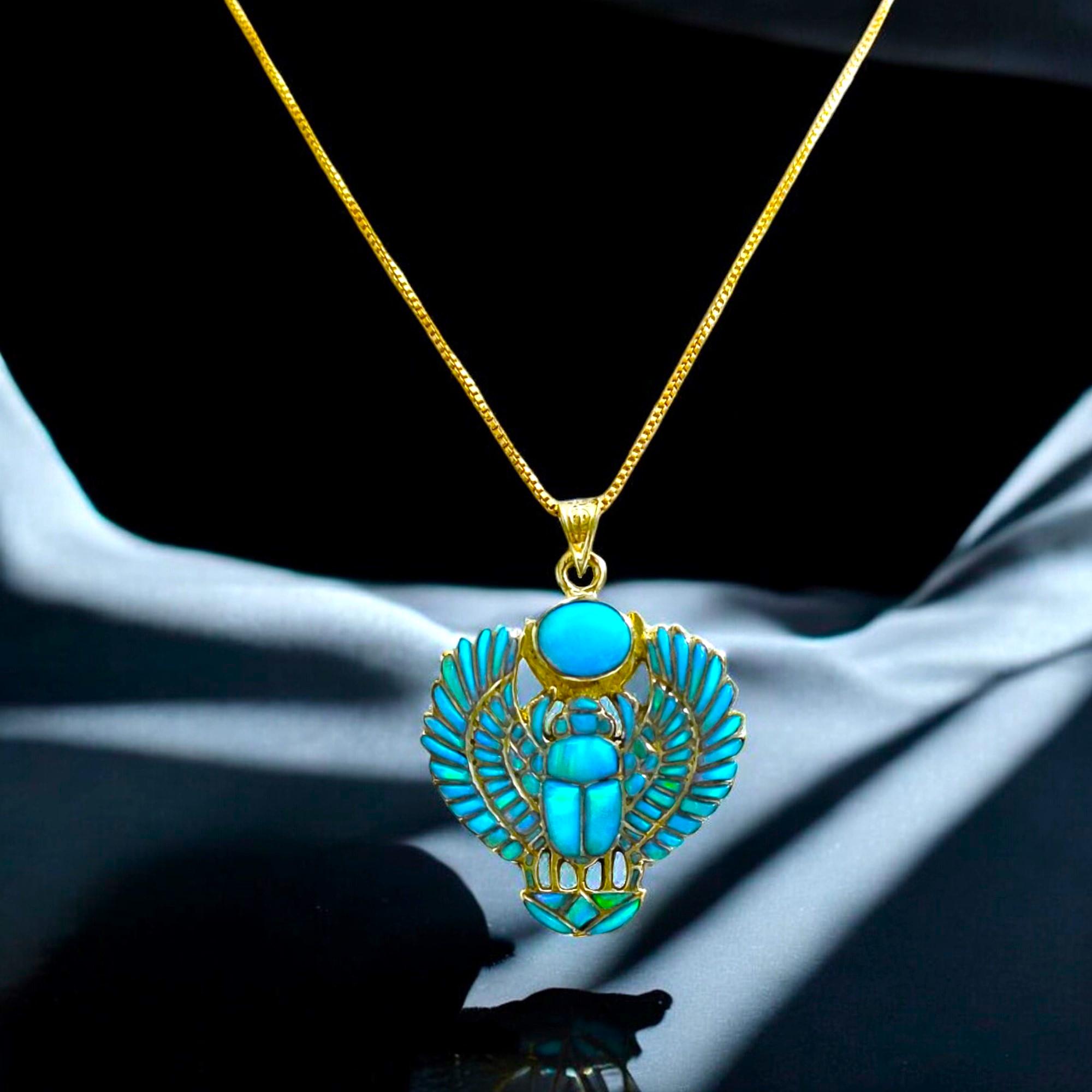 Gold Opal Scarab Necklace – Egyptian Amulet Pendant