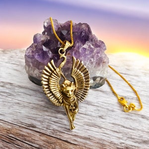 Gold Winged Bastet Pendant – Egyptian Cat Goddess Necklace Gift