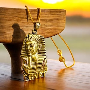 Gold Pharaoh Mask Necklace, Egyptian Pendant Jewelry