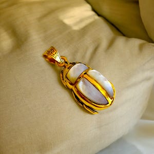 Gold Scarab Mother of Pearl Necklace, Egyptian Revival Pendant Gift