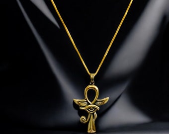 Gold Winged Ankh Necklace, Egyptian Key of Life Pendant