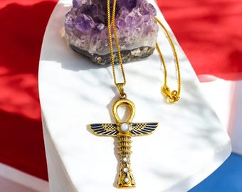 Gold Winged Ankh Necklace, Large Egyptian Key of Life Pendant