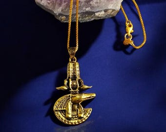 Gold Sobek Necklace, Egyptian Crocodile God Pendant