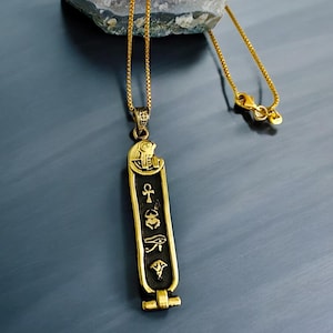 Gold God Horus Cartouche Necklace, Egyptian Jewelry Talisman, Protection Amulet Pendant, Gift for Men and Women, Vintage Gold Necklace