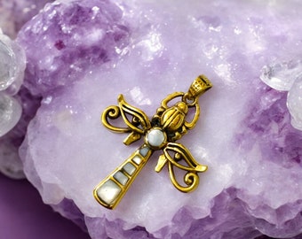 Gold Ankh Eye Scarab Pendant – Egyptian Revival Necklace Gift for Him or Her