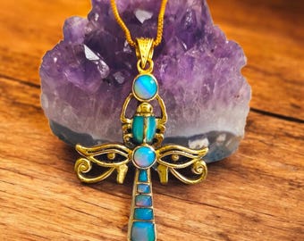 Gold Opal Ankh Necklace – Egyptian Key of Life Talisman Gift
