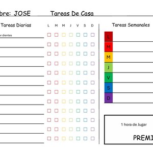 Könnte beinhalten: Ein druckbarer Aufgabenplan für Kinder mit einer Checkliste für tägliche und wöchentliche Aufgaben. Der Plan enthält einen Belohnungsbereich mit dem Text "1 Stunde spielen" und "Preis".