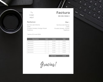 Peut inclure: Un modèle de facture noir et blanc avec le titre "Factura" et le numéro de facture "NO: INV-12345-1". La facture est datée du "20 juin 2024".