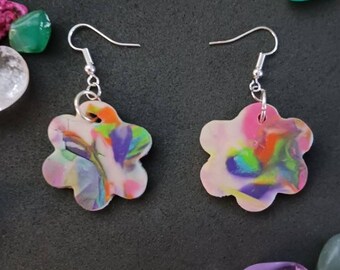 Rainbow earrings dangle clay, flower boho polymer clay gift for best friend, gift for her under 10, made by 10 year old child, plant lover