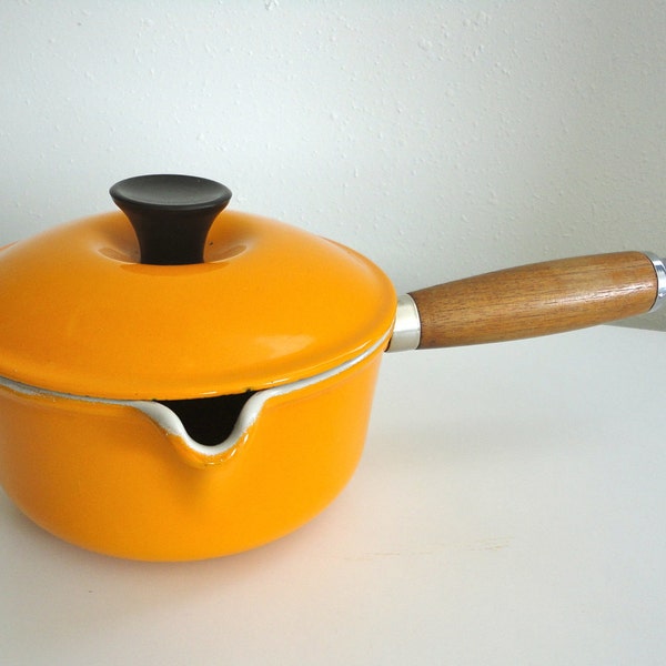 Vintage Le Creuset Saucepan Marked 14 Flame Orange with Wood Handle