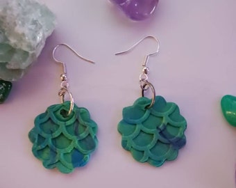 Magical Mermaid dangle clay earrings for girl or woman, green & blue polymer clay gift for best friend, ocean lover, made by 10 year old