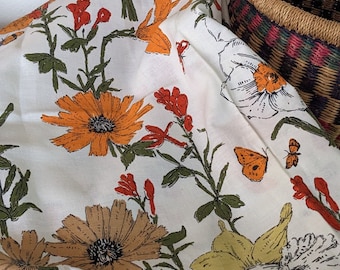 Vintage 1970s cotton floral fabric, daffodils, daisy, starship BOHO, orange, green, red, yellow, 1960s, 1970s cotton