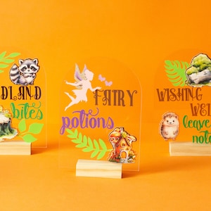 Letreros de fiesta de bosque encantado / Letreros de fiesta de hadas / Bocadillos de bosque / Postres / Pociones de hadas / Recuerdos / Deseos / Letreros acrílicos divertidos para fiestas
