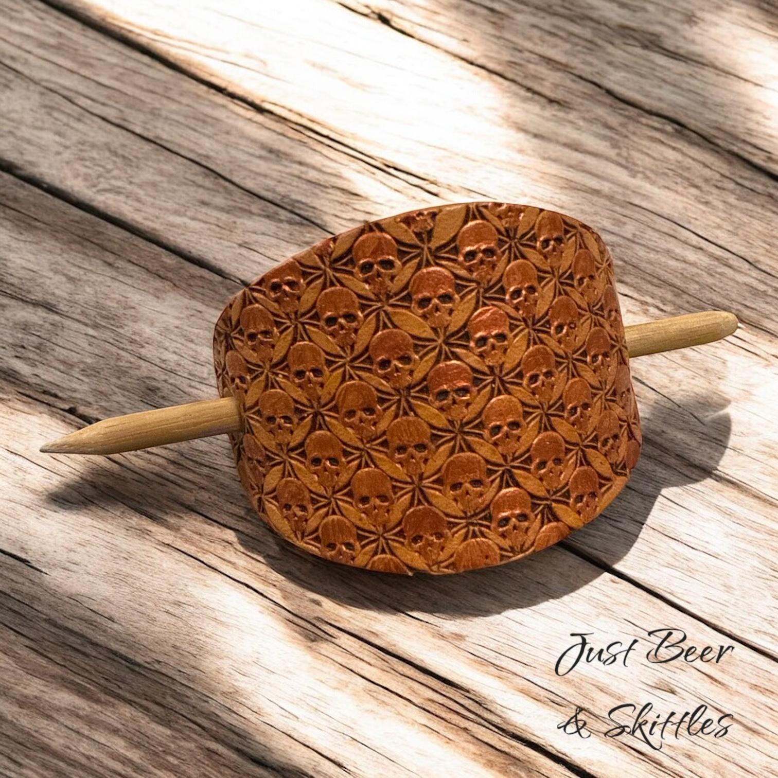 Handcrafted Leather Skull Hair Barrette with Stick – Gothic Celtic Style Hair Accessory  Handmade in Australia. Skull pattern