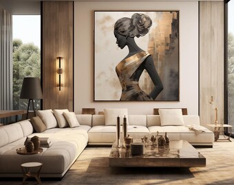 Modern Abstract Wall Art: Woman of Elegance in Black, Beige & Gold (Digital Art Print Download)
