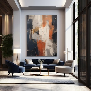 Marineblau, Orange, Beige und Grau moderne abstrakte Kunst Gemälde Digitaldruck für Leinwände und Poster