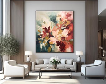 Abstract Floral Print: Maroon, Teal, Peach - Modern Wall Art (Digital Download)