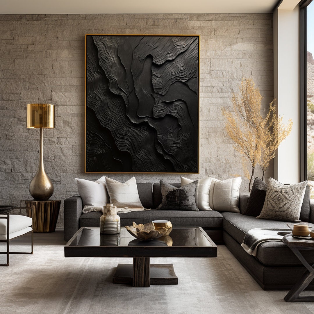 Black Textured Modern Contemporary Abstract Wall Art Painting Digital ...