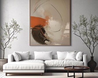 May include: An abstract painting in a wooden frame hangs above a white sectional sofa. The artwork features orange, brown, and beige brushstrokes. A round wooden coffee table and a black vase with a plant are in front of the sofa.