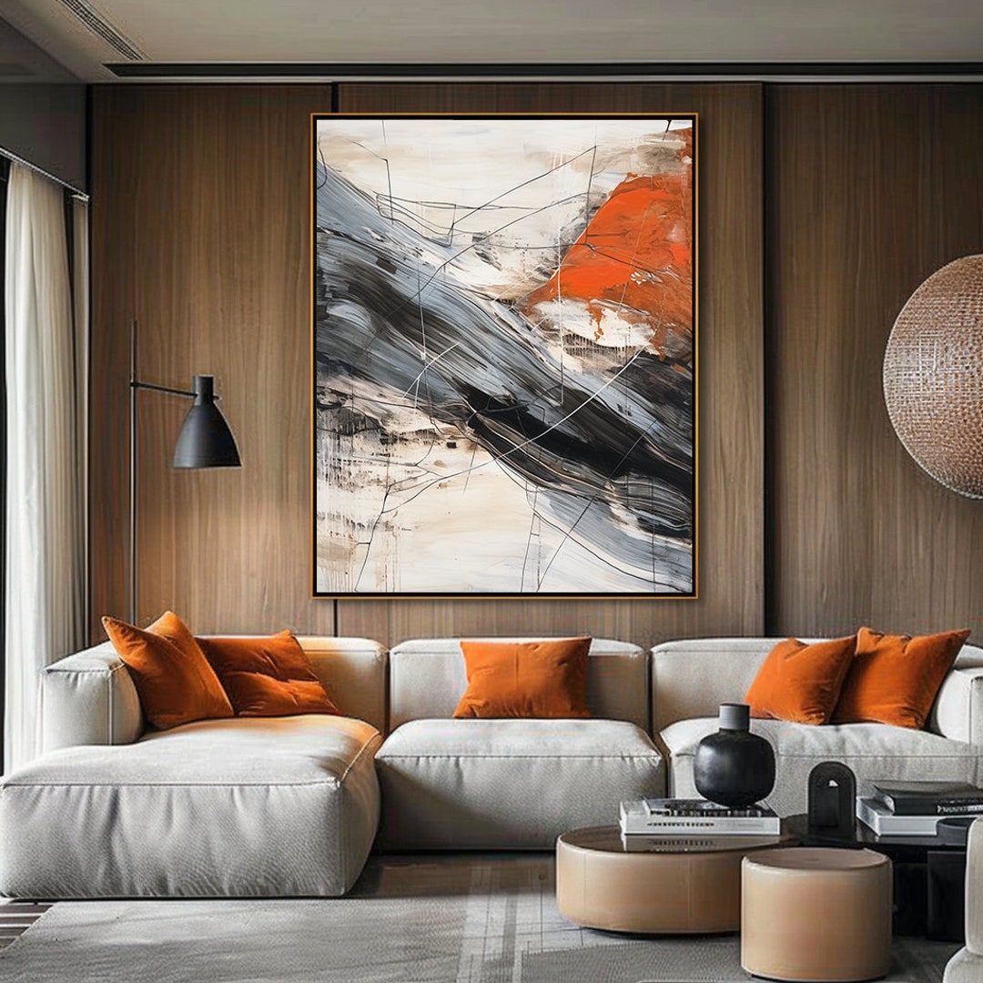 Black, White, and Orange Modern Contemporary Abstract Wall Art Painting