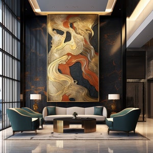 Pintura abstracta contemporánea moderna en color coñac, óxido, oro y negro, impresión digital para lienzos y carteles