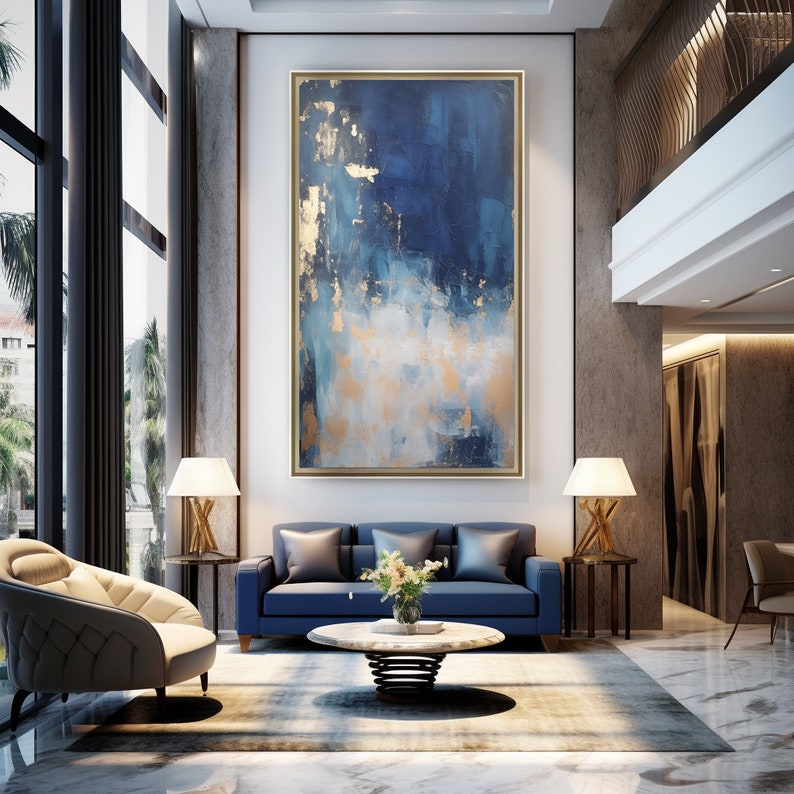 Blue, White & Gold Abstract Art: Modern Wall Painting (digital Download ...