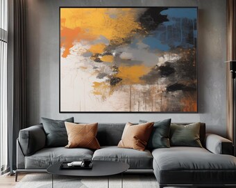 モダン抽象ウォールアート：青、黄、コニャックの絵画（デジタル
