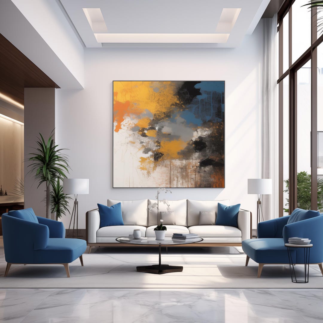 Modern Abstract Wall Art: Blue, Yellow, and Cognac Painting (digital ...