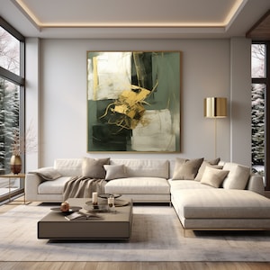 Moderne abstrakte Kunst in olivgrün, weiß und goldfarben, Wandbild als Wandbild für Leinwände und Poster