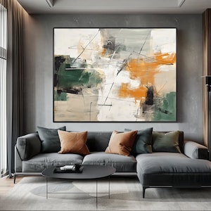 Moderne abstrakte Kunst in Grün, Orange und Weiß für Leinwand und Poster zum Herunterladen und selbst ausdrucken
