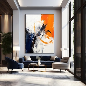 Moderne abstrakte Kunst in Weiß, Orange und Marineblau für Ihre Leinwände und Poster