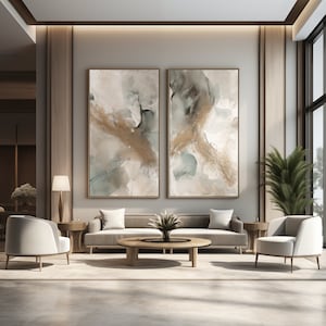 Conjunto de 2 pinturas de arte de parede abstratas contemporâneas modernas em verde-espuma do mar, conhaque e bege, impressão digital para download para telas e pôsteres